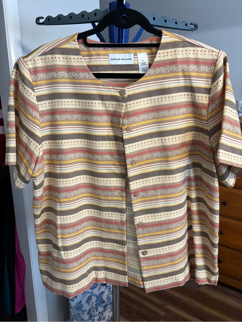 Alfred Dunner Beige Multicolor Striped Short-Sleeve Button Shirt